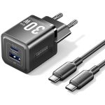Cargador de Pared Vention Gan USB-C + Usb-a 30W Black + Cable Ucb-c 1M Black