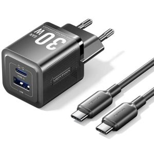 Cargador de Pared Vention Gan USB-C + Usb-a 30W Black + Cable Ucb-c 1M Black