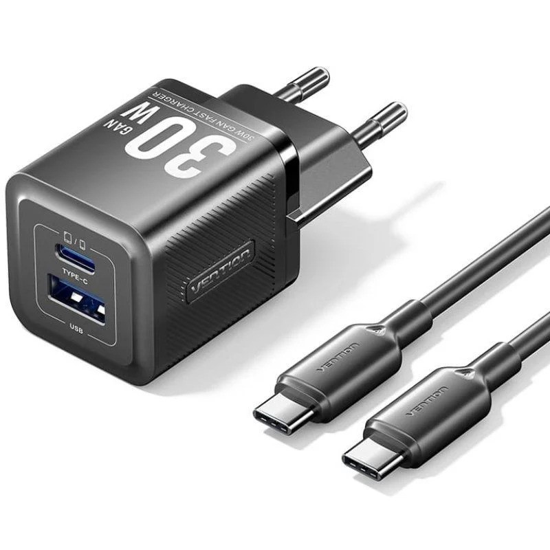Cargador de Pared Vention Gan USB-C + Usb-a 30W Black + Cable Ucb-c 1M Black