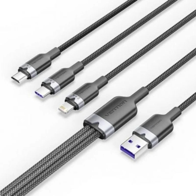 Cable 3 en 1 Vention Usb-a 2.0 - USB-C/Lightning/Micro-b 1.5M Aluminio Black