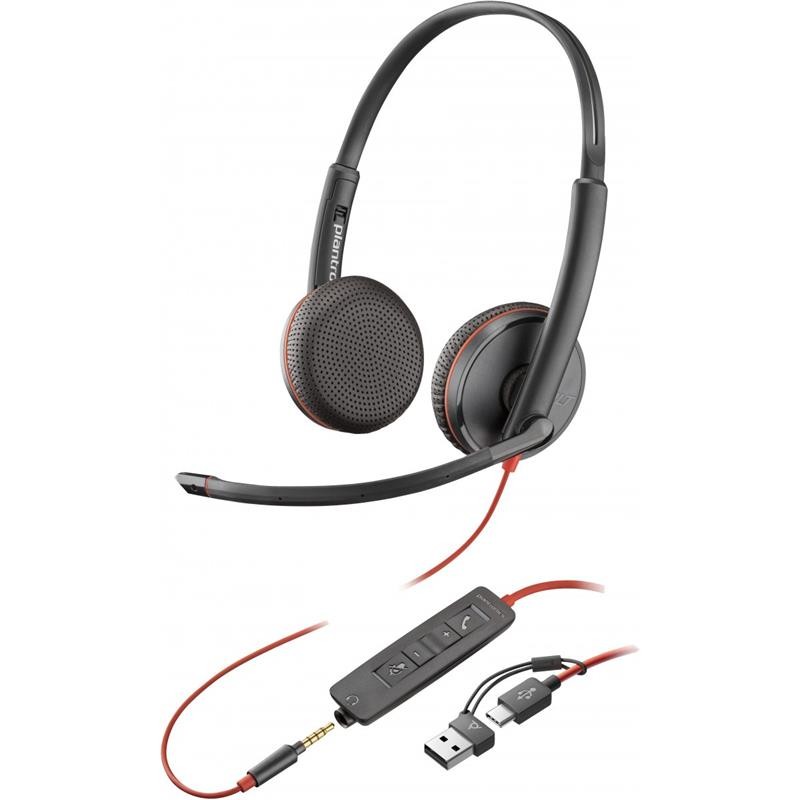Auricular + Micrófono Poly Blackwire 3225 Biaural 3.5MM + Adaptador Usb-a/C
