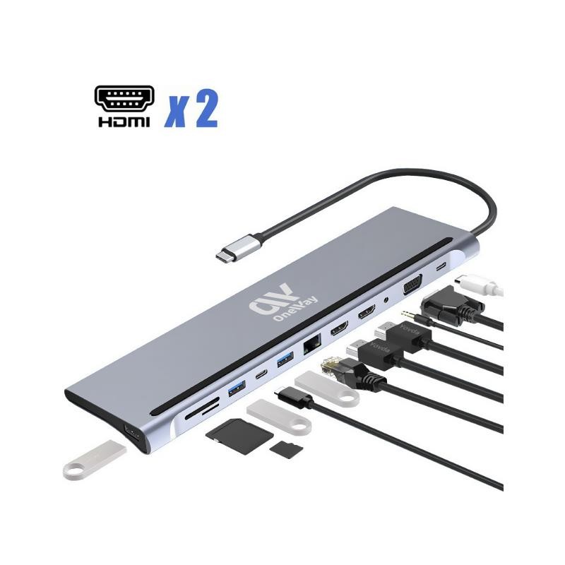 Dock Hub Oneway USB-C 12 en 1 HDMI/VGA/RJ45/USB 3.0/USB-C PD/MicroSD/AUX