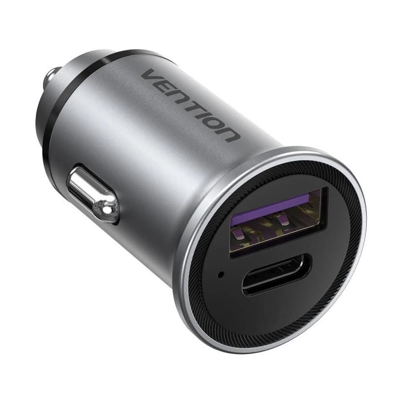 Cargador Coche Smartphone Vention 30W Usb-a USB-C Silver