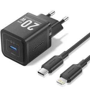 Cargador de Pared Vention Gan USB-C 20W Black + Cable Ucb-c - Lightning 1M Black