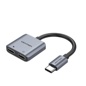 Cable Conversor Vention USB-C/M - 2X USB-C/H Audio/Carga Grey