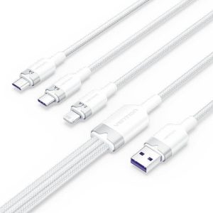 Cable 3 en 1 Vention Usb-a 2.0- USB-C/Lightning/Micro-b 1.5M Aluminio White
