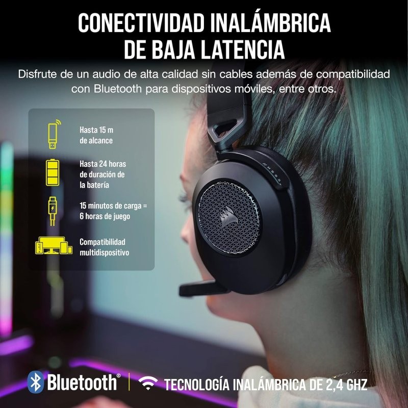 Auriculares + Micrófono Corsair HS65 Wireless Gaming Headset RGB 7.1 Black
