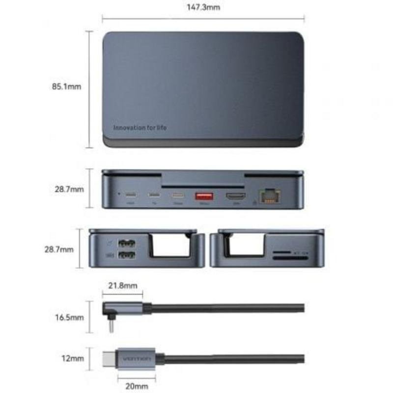 Docking USB-C para Steam Deck/Switch Vention 2X HDMI 4K/3X Usb-a/1X USB-C/1X USB-C PD/1X RJ45/1X MicroSD