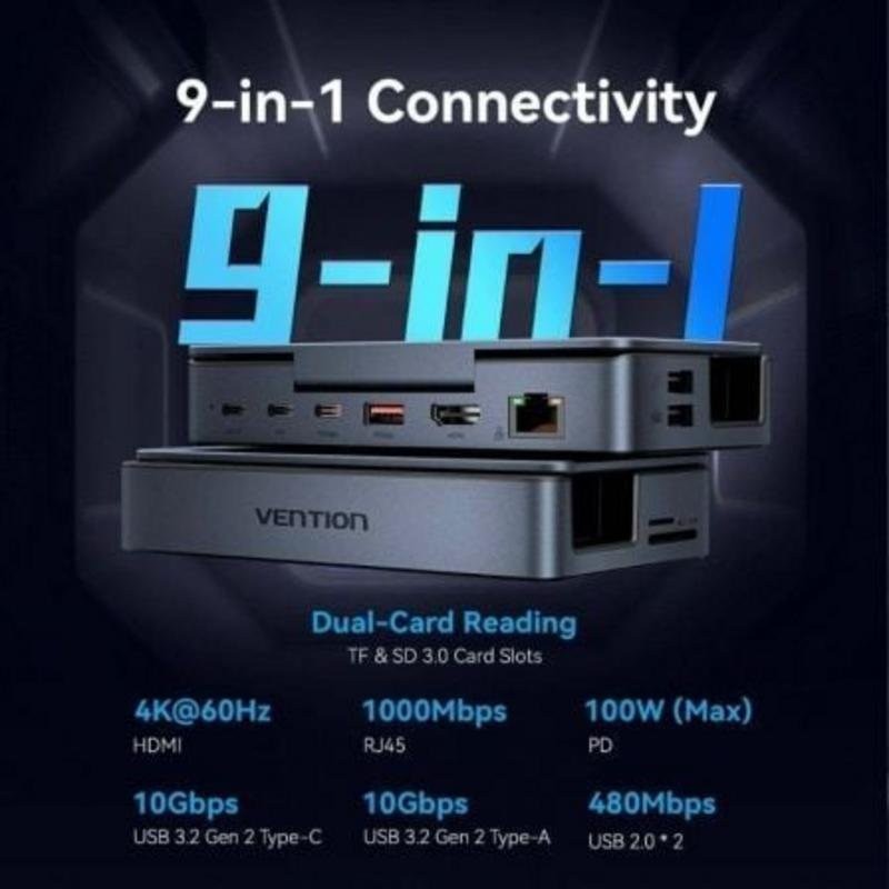 Docking USB-C para Steam Deck/Switch Vention 2X HDMI 4K/3X Usb-a/1X USB-C/1X USB-C PD/1X RJ45/1X MicroSD