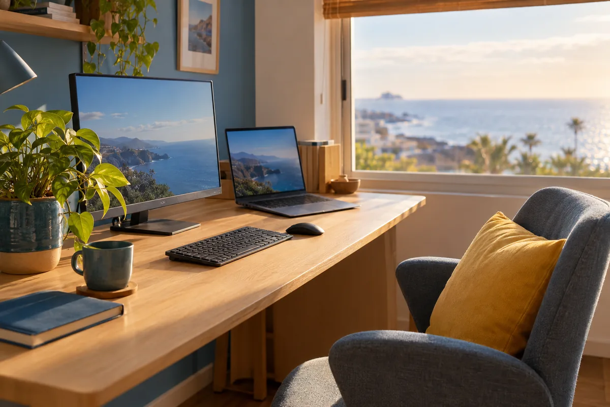Escritorio con monitor, portátil y teclado en una habitación con vistas al mar.
