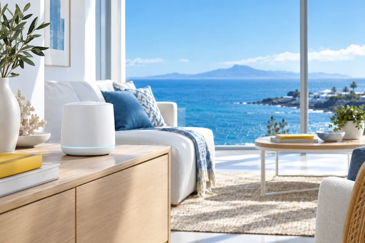 Router WiFi mesh en un salón luminoso con vistas al Atlántico.