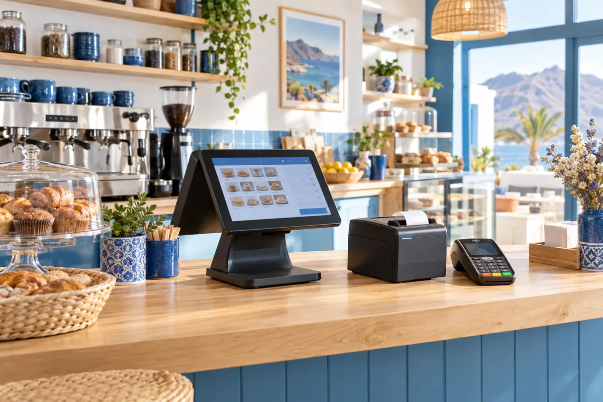 Terminal de punto de venta e impresora de recibos en el mostrador de una cafetería.