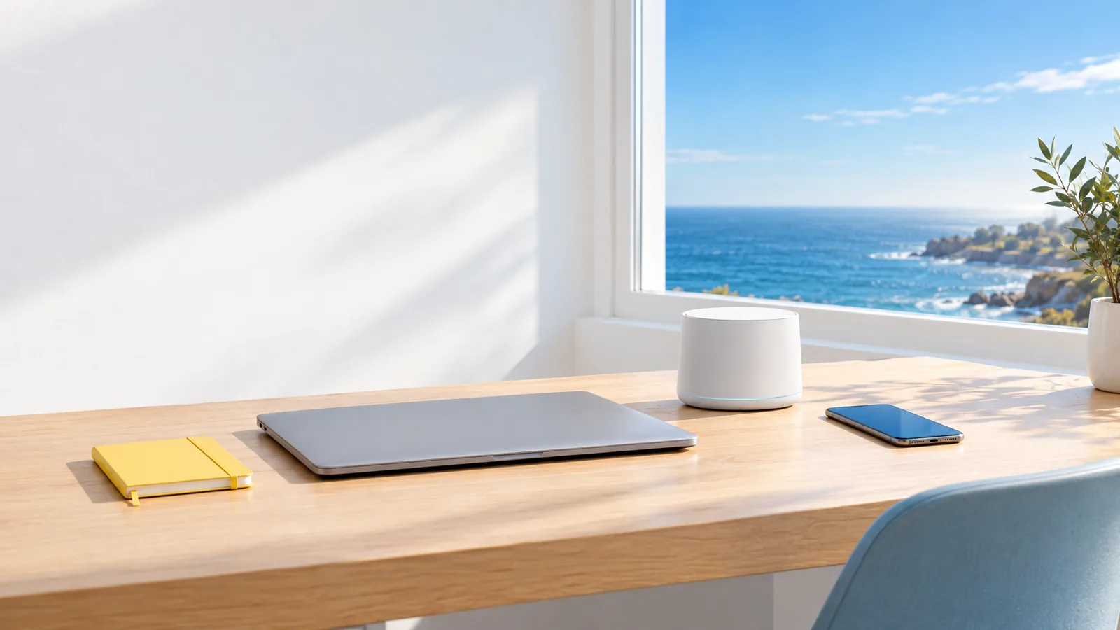 Escritorio luminoso con portátil, router y libreta amarilla junto a una ventana al mar.