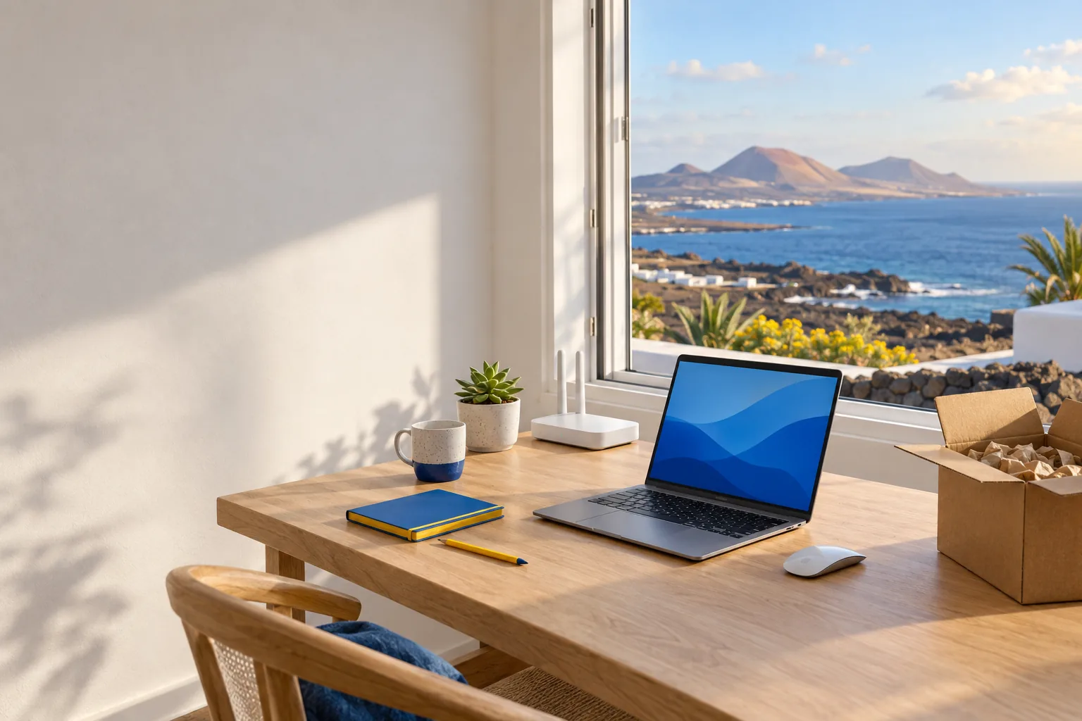 Escritorio con un portátil, un router y un paquete recién abierto junto a una ventana con vistas al mar en Canarias